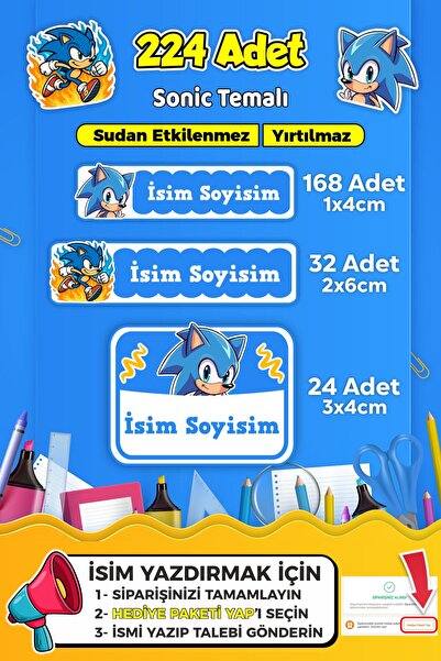 SB store Okul Kreş Kişiye Özel isim Etiket Seti Sonic Temalı - Model 663
