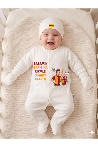 Novera Organik %100 Pamuklu Üçlü Yenidoğan Sarı Kırmızı Taraftar Tulum Seti