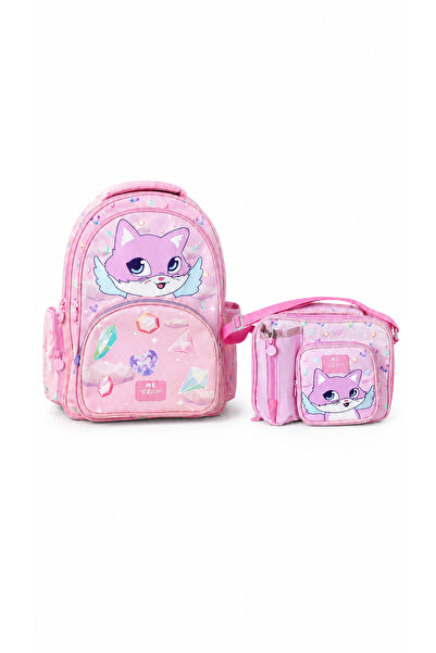 ME TEAM Pembe Kedi ve Kristal Desenli İlkokul Çantası ve Beslenme Çantası İki...
