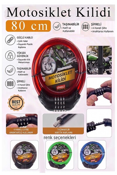 Artmaster Lacăt roșu cu combinație pentru motocicletă 80 cm 1 bucată K-3682 L...