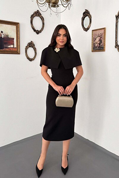 Elbee Fashion Woman Siyah PELERİN DETAYLI ELBİSE