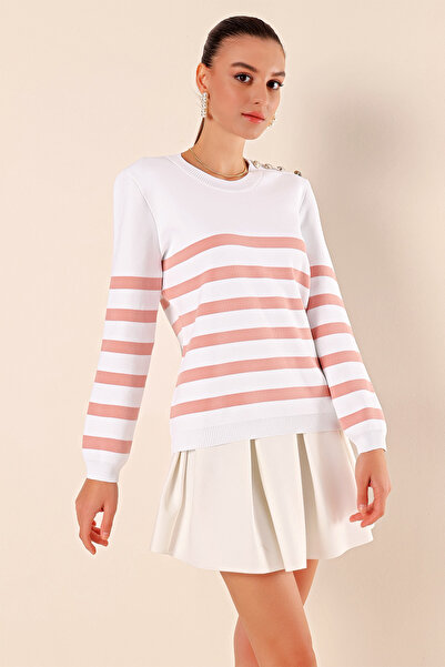 GENERAL Women's striped crew neck sweater with shoulder buttons - Made in Turkey