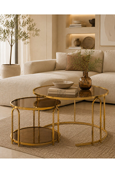 lowena home Gold Nikelaj Kaplama U Ayaklı Yavrulu Orta Sehpa 2’li Takım