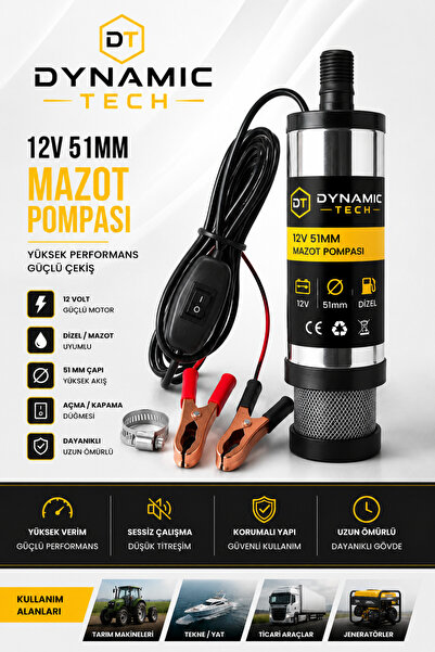 DynamicTech 12 Volt Mazot Ve Su Zeytin Yağı Vs Sıvı Aktarma Pompası Dalgıç Pompa 60 Watt 51 mm