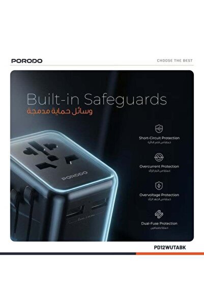 porodo Universal Travel Adapter, Dual USB-A Port 12W Fast Charger, EU/US/UK/AU Plugs, Black