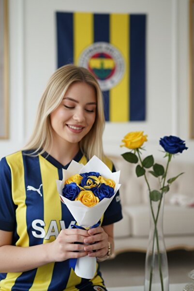 AXWELL Sarı Lacivert Gül Buketi 7li Kurdeleden Hazırlanmış Solmaz Çiçek El Ya...