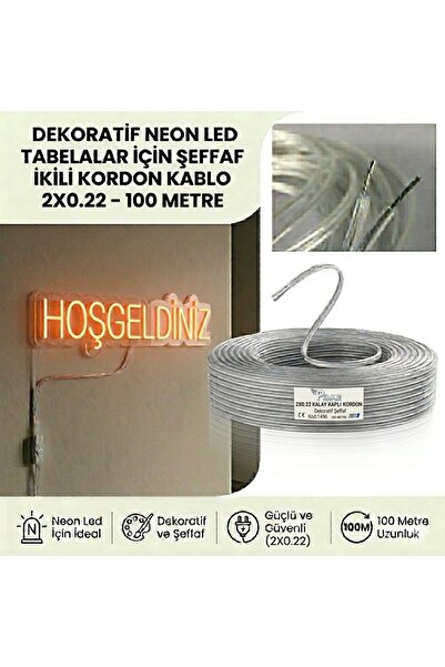 Poke Dekoratif Neon Led Tabelalar İçin Şeffaf İkili Kalay Kordon Kablo 2x0.22...
