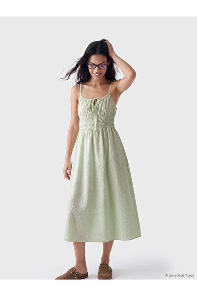 LC Waikiki Green Striped Dress with Straps and Waist Belt