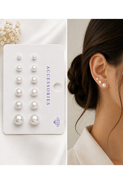 MAQYA KOZMETİK 6 Pairs (12 Pieces) Pearl Earring Set Different Size Pearl Loo...