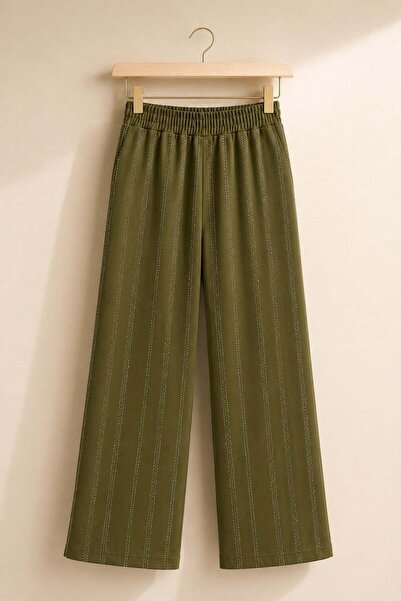 zepkids Girl's Stone Embroidered Wide-Leg Pants Khaki Color Casual Stylish Tr...