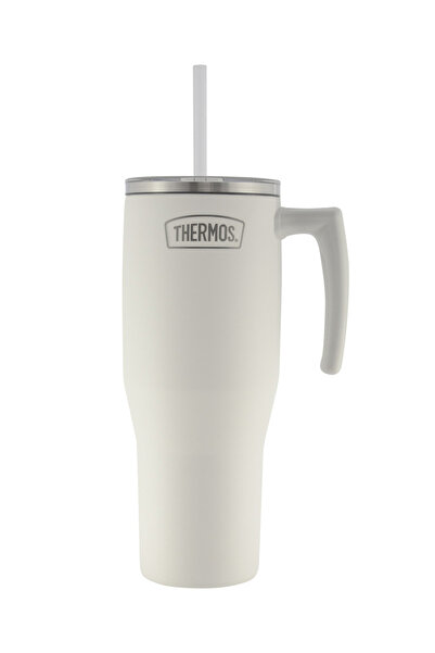 Thermos كوب أبيض معزول حراريًا من الفولاذ المقاوم للصدأ مع قش للشرب سعة 1.1 لتر