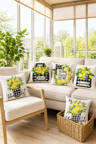Bebişim Halı Plaid Home Sweet Home Lemon Plaid 4-Piece Throw Pillow Cover Set...