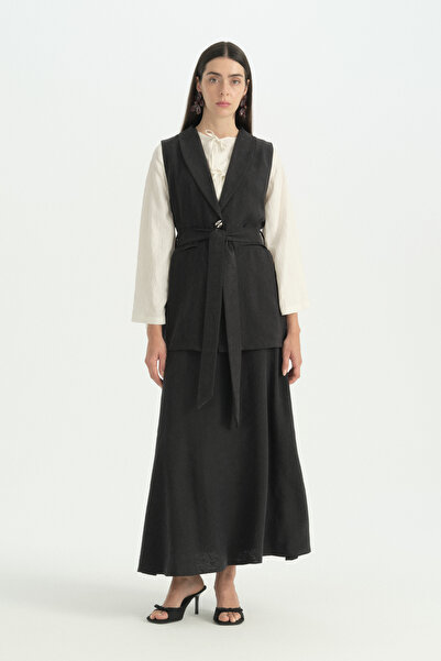 Nihan Belted Shawl Collar Lyocell Vest - Black
