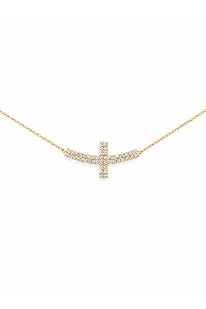 Aur 585 Lănțișor din aur galben 14k cu cruce laterală și pietre cubic zirconi...