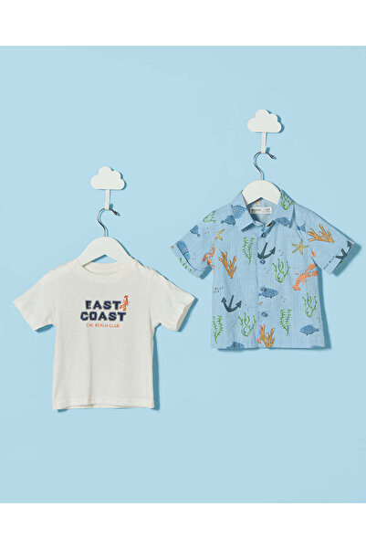 REDTAG Infant Boys White And Blue Printed 2 Pieces Shirts Set