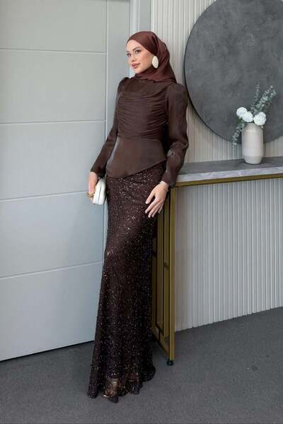 Şulemoda Giyim Lavinya Two-Piece Evening Dress Brown