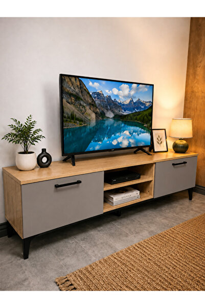 KARABUDAK Ada Modern TV Ünitesi 180 cm Başak Meşe - Adaçayı Yeşili Kapaklı Te...