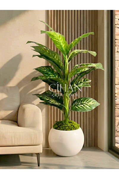 Cihan Çiçekçilik Yapay Difenbahya Ağacı 120 cm 27x33 cm Beyaz Küre Saksı