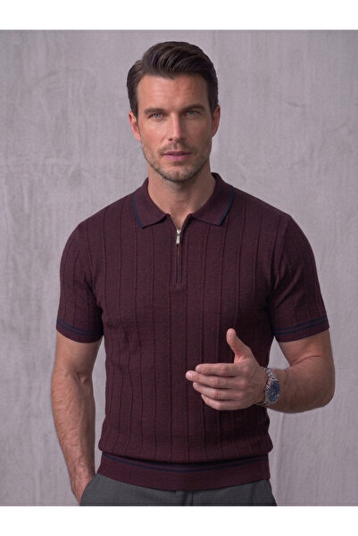 Ewarro Men's Knitwear T-Shirt Striped Zippered Polo Collar