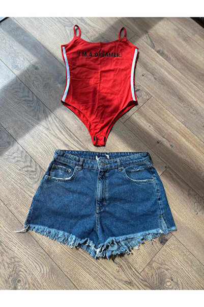 eymenn butik Kot Şort Denim Şort Püsküllü Mavi