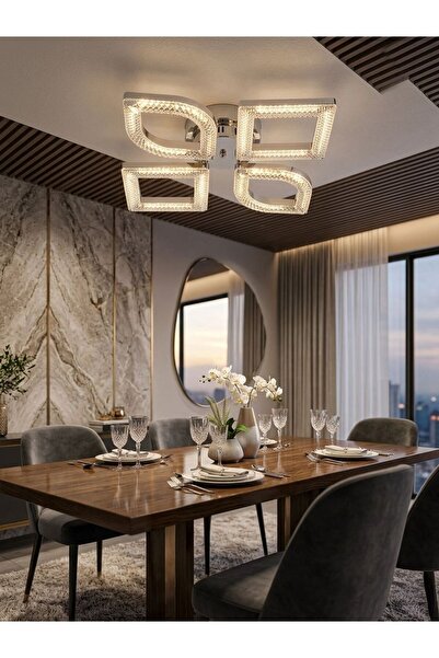Lüxev Lighting Vesta Model Gümüş 4"lü Kumandalı Ledli 3 Renk Modu Kristal Sal...