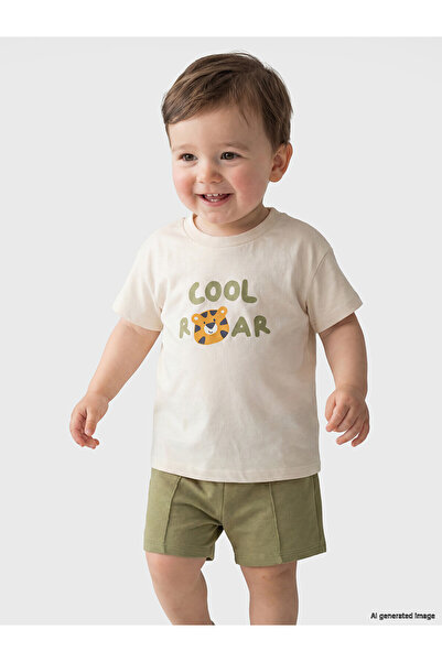 LC Waikiki Lcw Baby Ecru Tiger Printed Baby Boy T-Shirt and Shorts Set