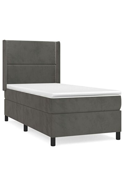 vidaxl Pat box spring cu saltea, gri închis, 90 x 200 cm, catifea