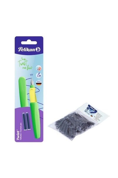 Pelikan Set stilou Twist Verde Neon, Blister, Peniță M, cu 20 de cartușe de c...