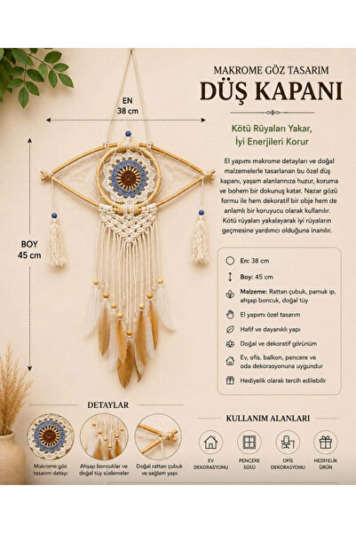 Macrame Eye Design Dreamcatcher - Handmade Evil Eye Beaded Wall Ornament (38x45 cm)