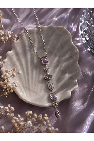 Sylvera Shop Lavinya Pink Stone Y Necklace (Silver Color)