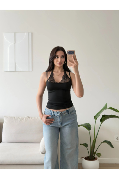 Zoom Butik Güpürlü Boyun Bağlamalı Bluz - SİYAH