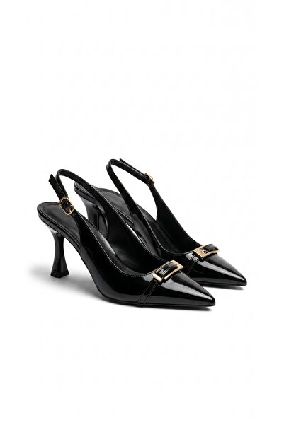 le NACAR Women's Black Patent Leather Buckle Detailed Pointed Toe Heeled Shoes