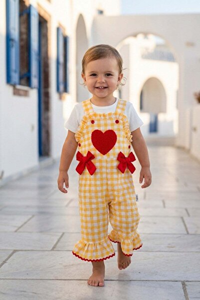 dinamik çocuk Baby girl heart print gingham romper and bodysuit t-shirt set, ...