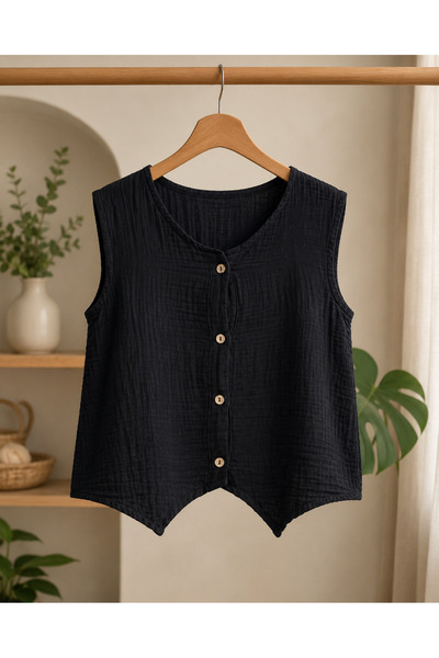 TECHTACT Women's 100% Cotton Muslin V-Neck Buttoned Sleeveless Blouse Summer ...