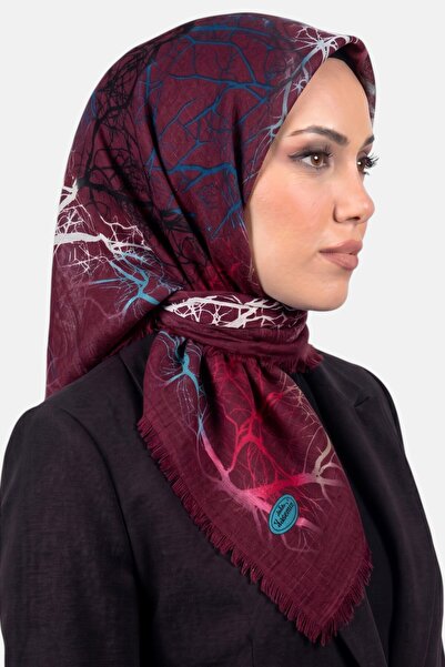 hadiora وشاح نسائي منقوش بتصميم فروع الشجر باللون الأزرق العنابي