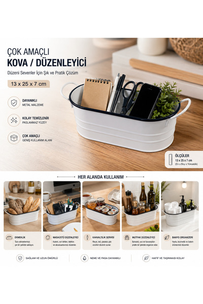 PALU GASTRO Metal Düzenleyici Sepet 25x13x7 cm Çok Amaçlı Organizer Kova