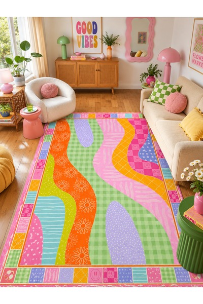 Homeilla Patchwork Dalga Desenli Renkli Dekoratif Halı