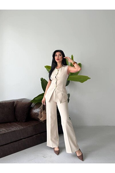 SUXİRCNHTMTS Asymmetrical Cut Design Buttoned Vest and Palazzo Trousers Two-P...