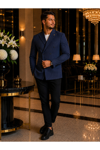 daviente milano Navy Blue Striped Double-Breasted Jacket 255106