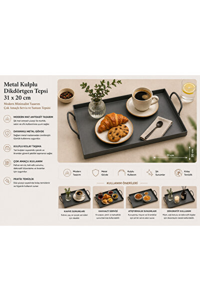 PALU GASTRO Metal Serving Tray with Handles 31X20 cm Matte Anthracite Brown P...