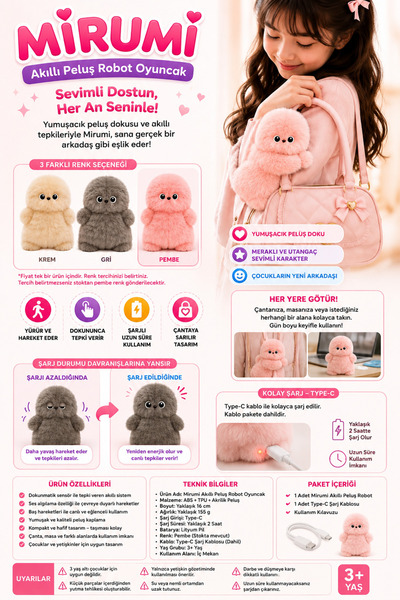 HER ŞEY NOTA www.herseynota.com Mirumi Akıllı Peluş Robot Oyuncak Pembe | Dok...