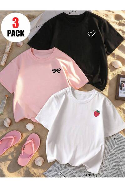 SVART WEAR Printed Black - White - Pink 3-Piece Children's T-Shirt 100% Cotton Short Sleeve Knitted Crew Neck