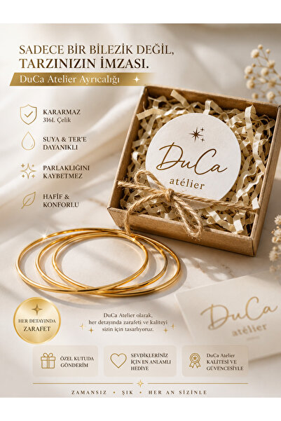 DuCa Atelier 3’lü Ajda Bileklik 60 mm Gold Renk 316L Paslanmaz Çelik Suya Day...