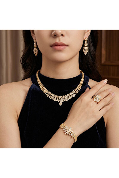 Generic Gold Tone CZ Floral Jewelry Set Necklace Earrings Ring Bracelet 4 Pie...