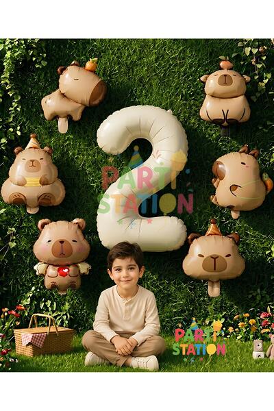 Parti Station Mini Capybara Balloon Themed 2Nd Birthday Balloon Set 7 Pieces