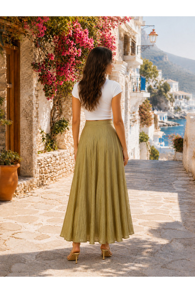 ARİF AKKAYA Textured Fabric Lined Khaki Gold Flared Skirt
