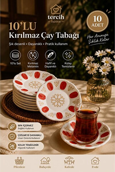 Tercih Home "Kahveci Tipi Kırılmaz Çay Tabağı 10'lu Set, Melamin Kırmızı Altı...