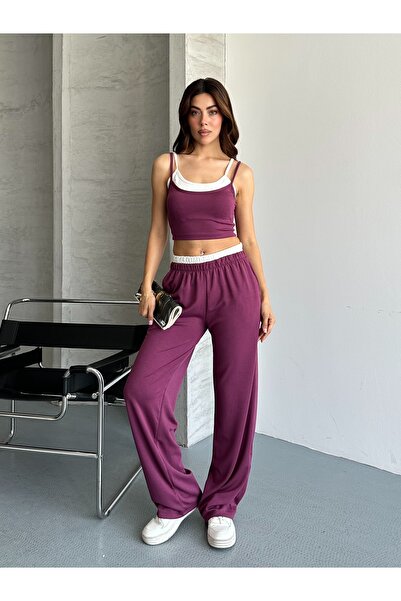 queencity Women's Modal Fabric Combined Strappy Double Crop Top-Bottom Set