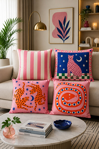 stellahomes Boho Modern 4'lü Kırlent Kılıfı Seti – Pembe Leopar, Kedi ve Yıla...