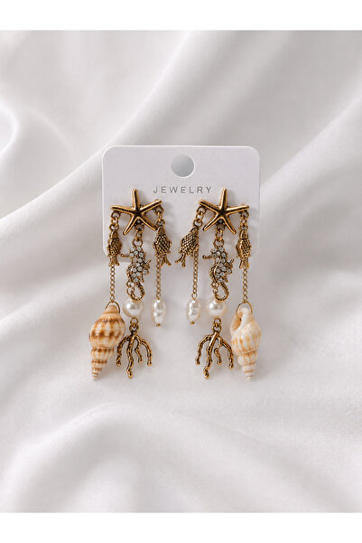 BARLİZ Women's Starfish Seahorse Shell Figured Pearl Dangle Earrings Gold Color